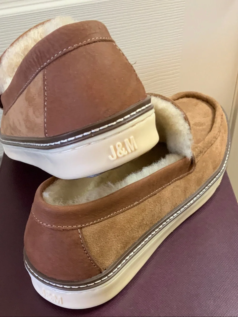Johnston & Murphy Brown Suede Shearling-Lined Slip-On Loafers. #25-3369